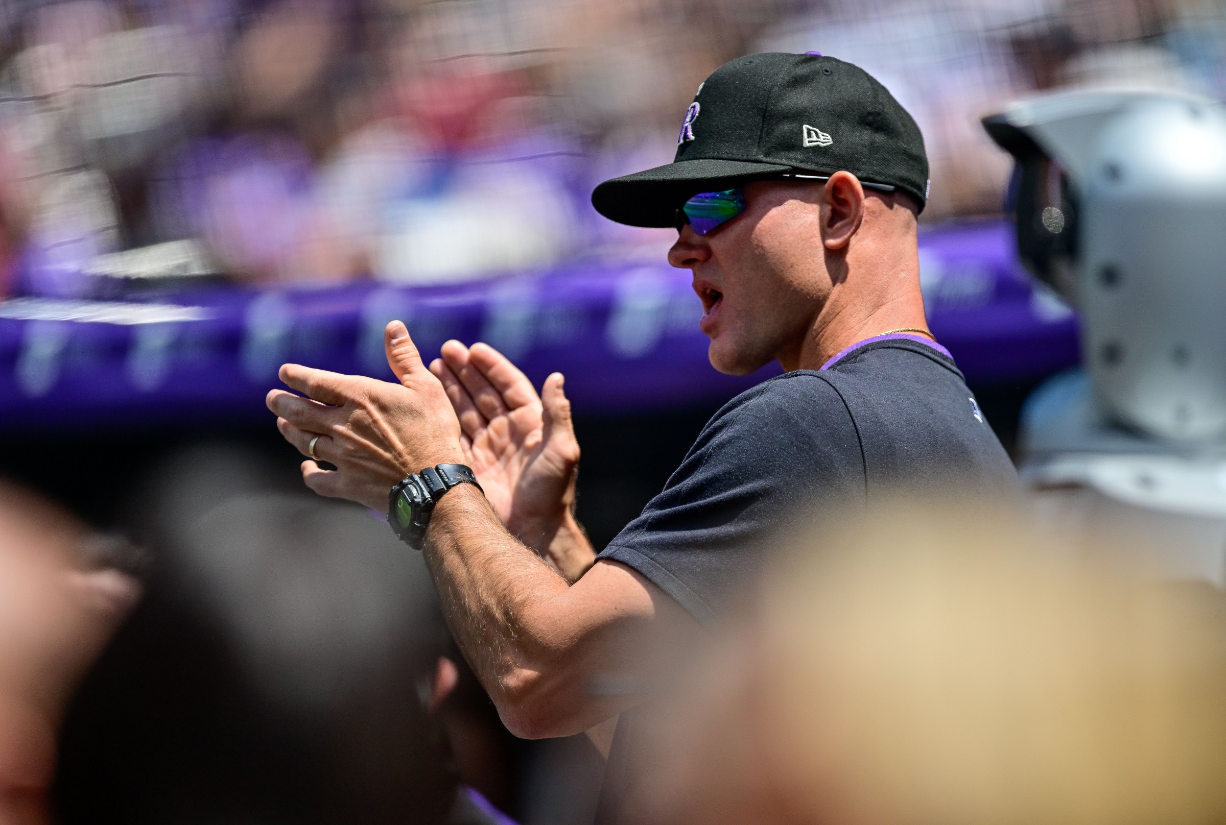 DENVER, COLORADO - JUNE 8: Manager Warren Schaeffer #34 of the Colorado Rockies looks on from the dugout during the first inning of a game against the New York Mets at Coors Field on June 8, 2025 in Denver, Colorado. (Photo by Dustin Bradford/Getty Images)