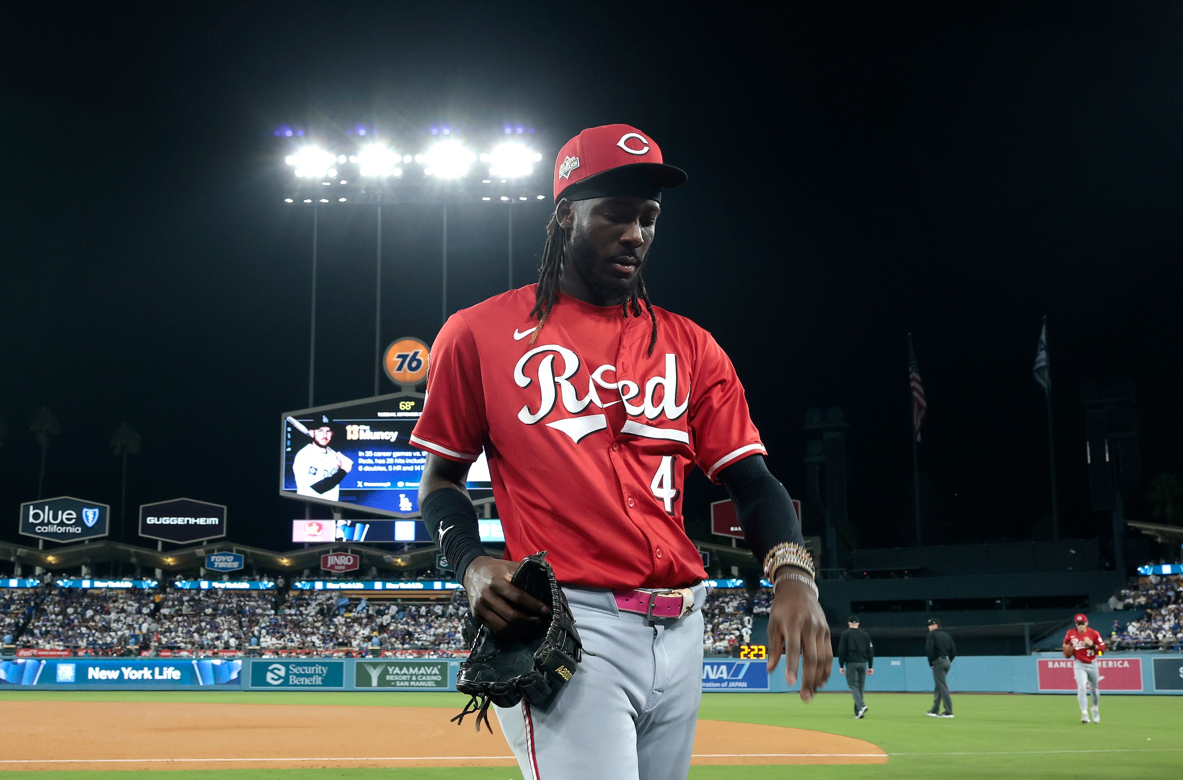 LOS ANGELES, CALIFORNIA - SEPTEMBER 30: Elly De La Cruz #44 of the Cincinnati Reds walks to the dugout against the Los Angeles Dodgers after the sixth inning in game one of the National League Wild Card Series at Dodger Stadium on September 30, 2025 in Los Angeles, California. (Photo by Ronald Martinez/Getty Images)