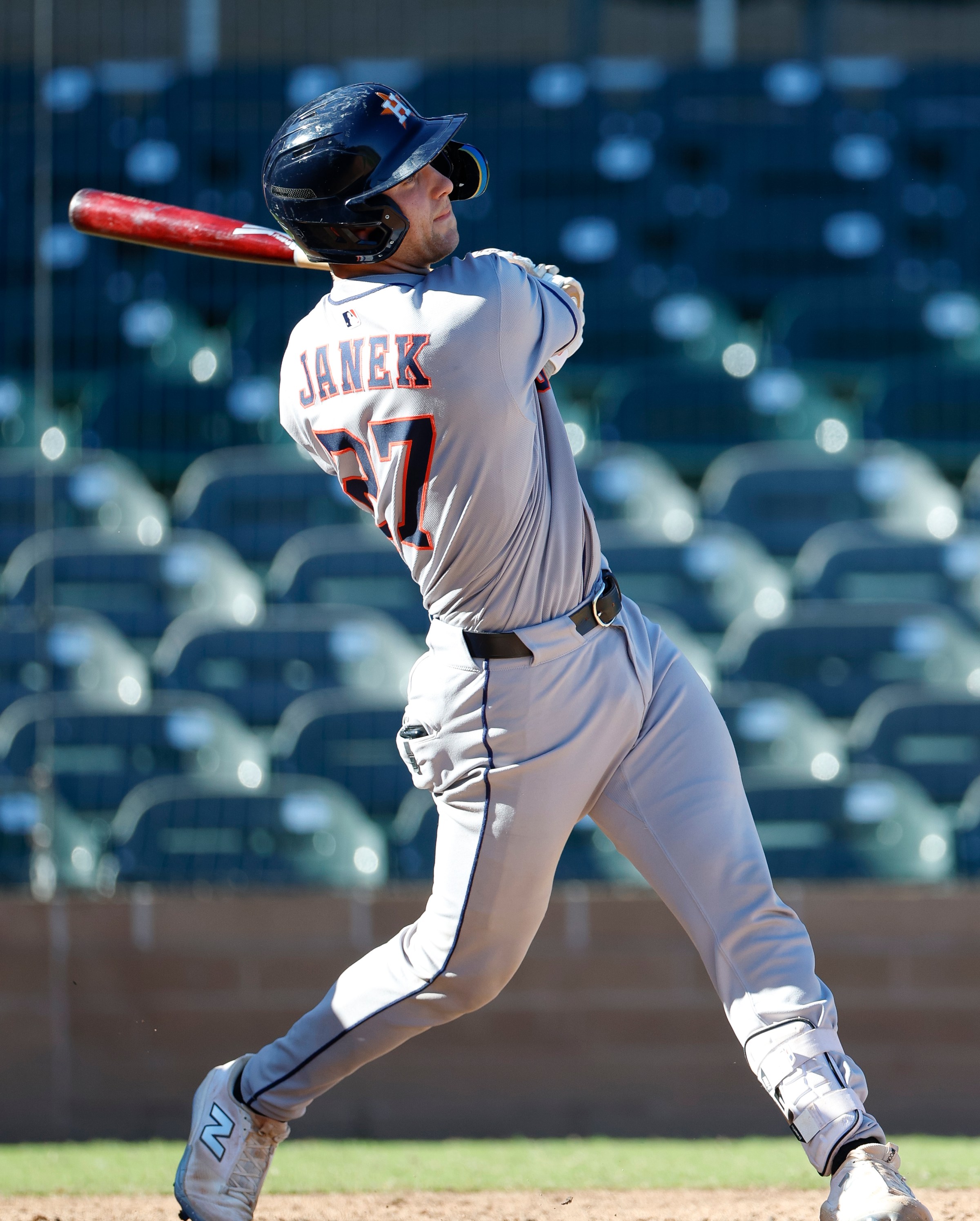 SCOTTSDALE, ARIZONA - OCTOBER 24: Walker Janek #27 of the Scottsdale Scorpions swings the bat during an Arizona Fall League game against the Salt River Rafters at Salt River Fields at Talking Stick on October 24, 2025 in Scottsdale, Arizona. (Photo by Brandon Sloter/Getty Images)
