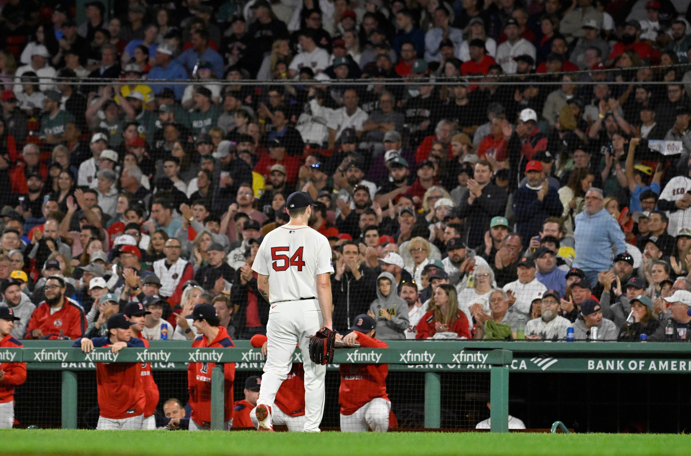 Sep 17, 2025; Boston, Massachusetts, USA; Boston Red Sox starting pitcher Lucas Giolito (54) is relieved of pitching duties during the fifth inning against the Athletics at Fenway Park. Mandatory Credit: Eric Canha-Imagn Images