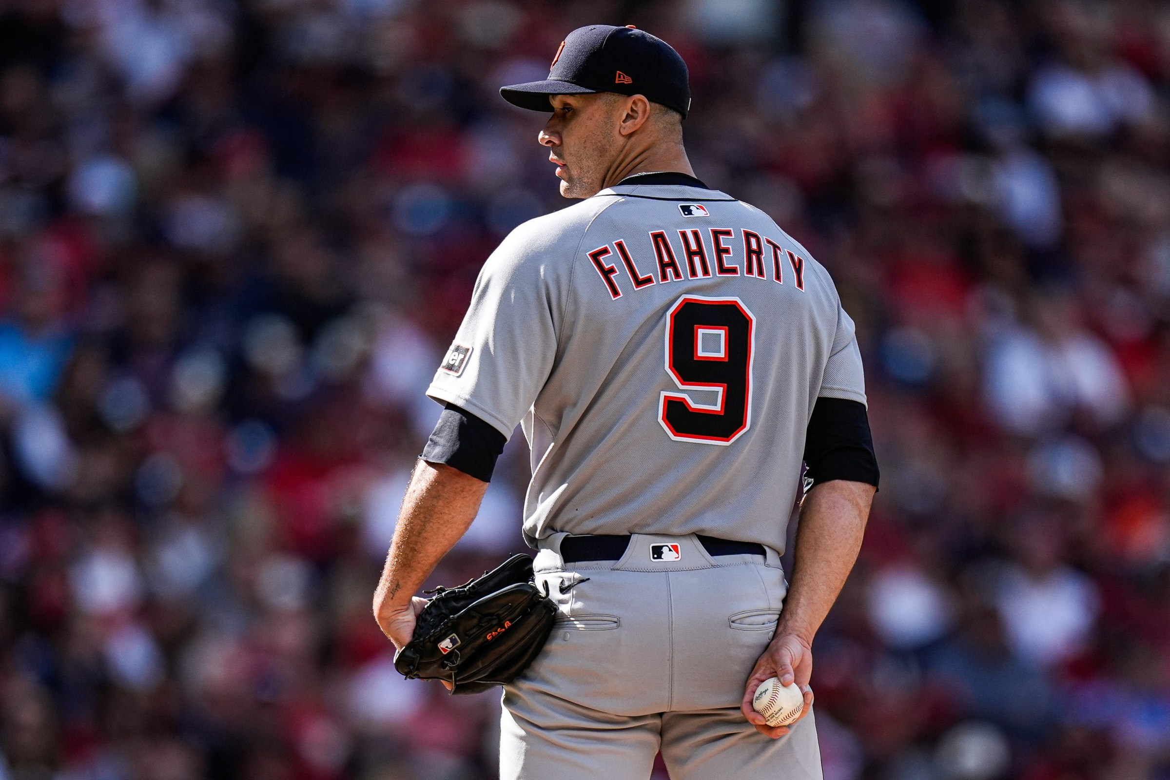 Detroit Tigers pitcher Jack Flaherty (9) gets ready to pitch against Cleveland Guardians during the second inning of Game 3 of AL wild-card series at Progressive Field in Cleveland on Thursday, Oct. 2, 2025.