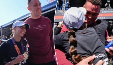 Aaron Judge hugs wife Samantha after 2025 NYC Marathon