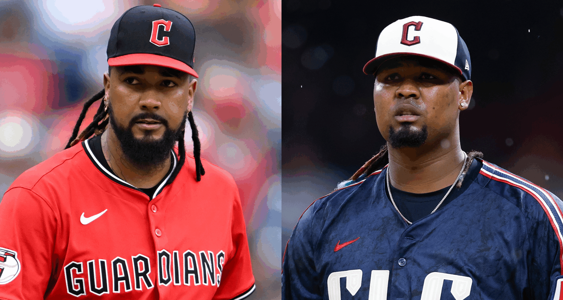 Two baseball players from the Cleveland Guardians, wearing team jerseys and caps, appear in side-by-side images.