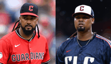 Two baseball players from the Cleveland Guardians, wearing team jerseys and caps, appear in side-by-side images.