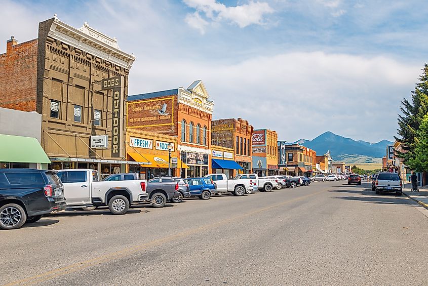The historic Main Street through the small town of Livingston, Montana.