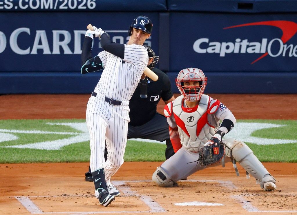 New York Yankees outfielder Cody Bellinger (35) singles during the first inning when the New York Yankees played the Boston Red Sox in Game Two of their Wild Card Series Wednesday, October 1, 2025 at Yankee Stadium in the Bronx, NY. 