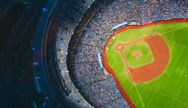 An aerial view of a large baseball stadium.