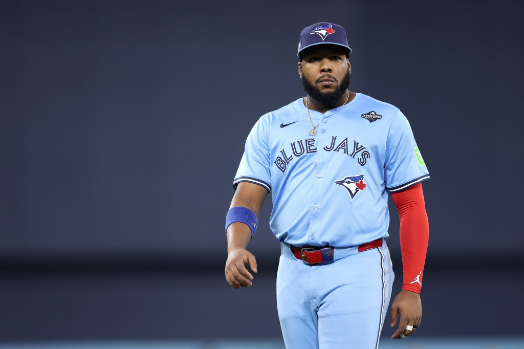 Vladimir Guerrero Jr. of the Toronto Blue Jays looks on during the National Anthem.