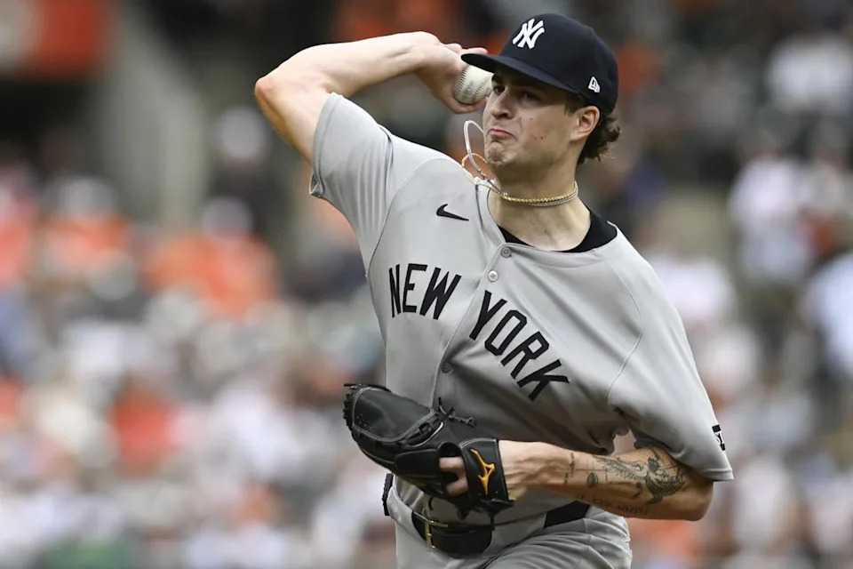 Sep 21, 2025; Baltimore, Maryland, USA; New York Yankees pitcher Cam Schlittler (31) throws a second inning pitch against the Baltimore Orioles at Oriole Park at Camden Yards. (Tommy Gilligan/Imagn Images)