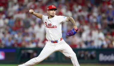 Oct 6, 2025; Philadelphia, Pennsylvania, USA; Philadelphia Phillies pitcher Orion Kerkering (50) throws a pitch against the Los Angeles Dodgers in the seventh inning during game two of the NLDS round for the 2025 MLB playoffs at Citizens Bank Park. Mandatory Credit: Bill Streicher-Imagn Images