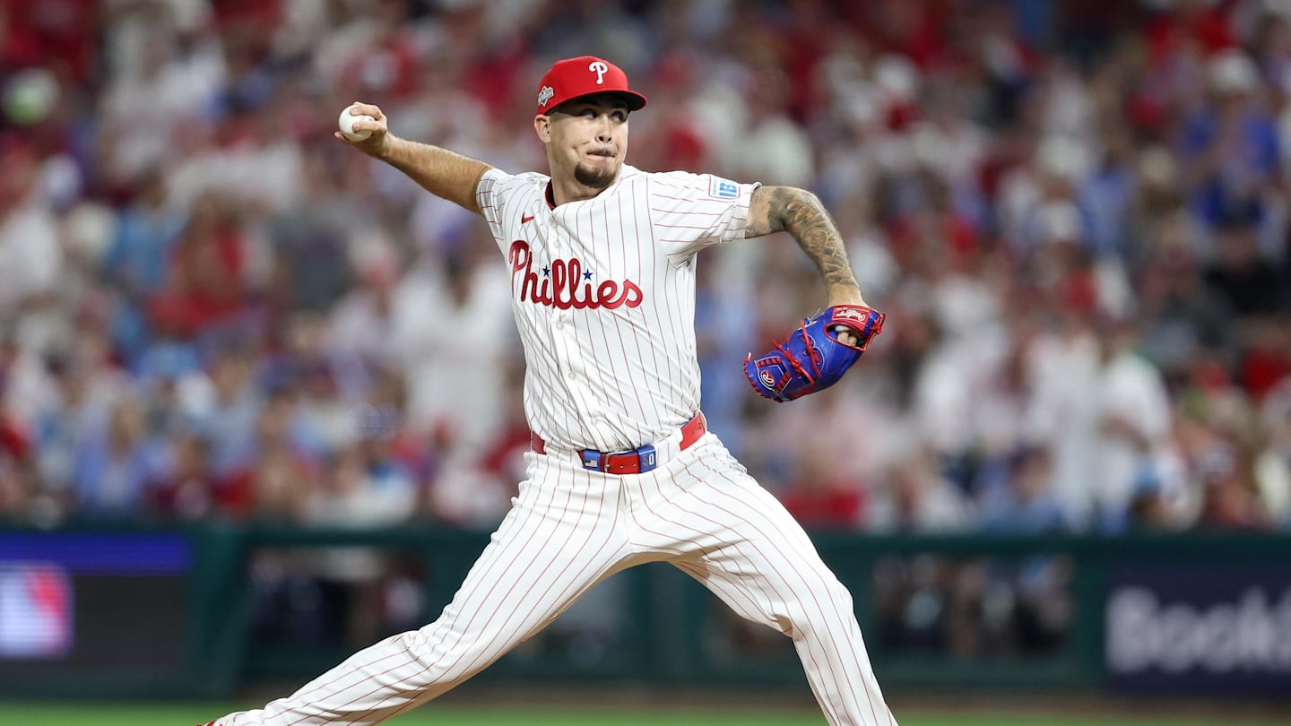 Oct 6, 2025; Philadelphia, Pennsylvania, USA; Philadelphia Phillies pitcher Orion Kerkering (50) throws a pitch against the Los Angeles Dodgers in the seventh inning during game two of the NLDS round for the 2025 MLB playoffs at Citizens Bank Park. Mandatory Credit: Bill Streicher-Imagn Images