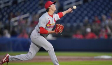 Mar 8, 2024; West Palm Beach, Florida, USA; St. Louis Cardinals pitcher Brycen Mautz (80) pitches in the first inning Washington Nationals at CACTI Park of the Palm Beaches. Mandatory Credit: Jim Rassol-Imagn Images