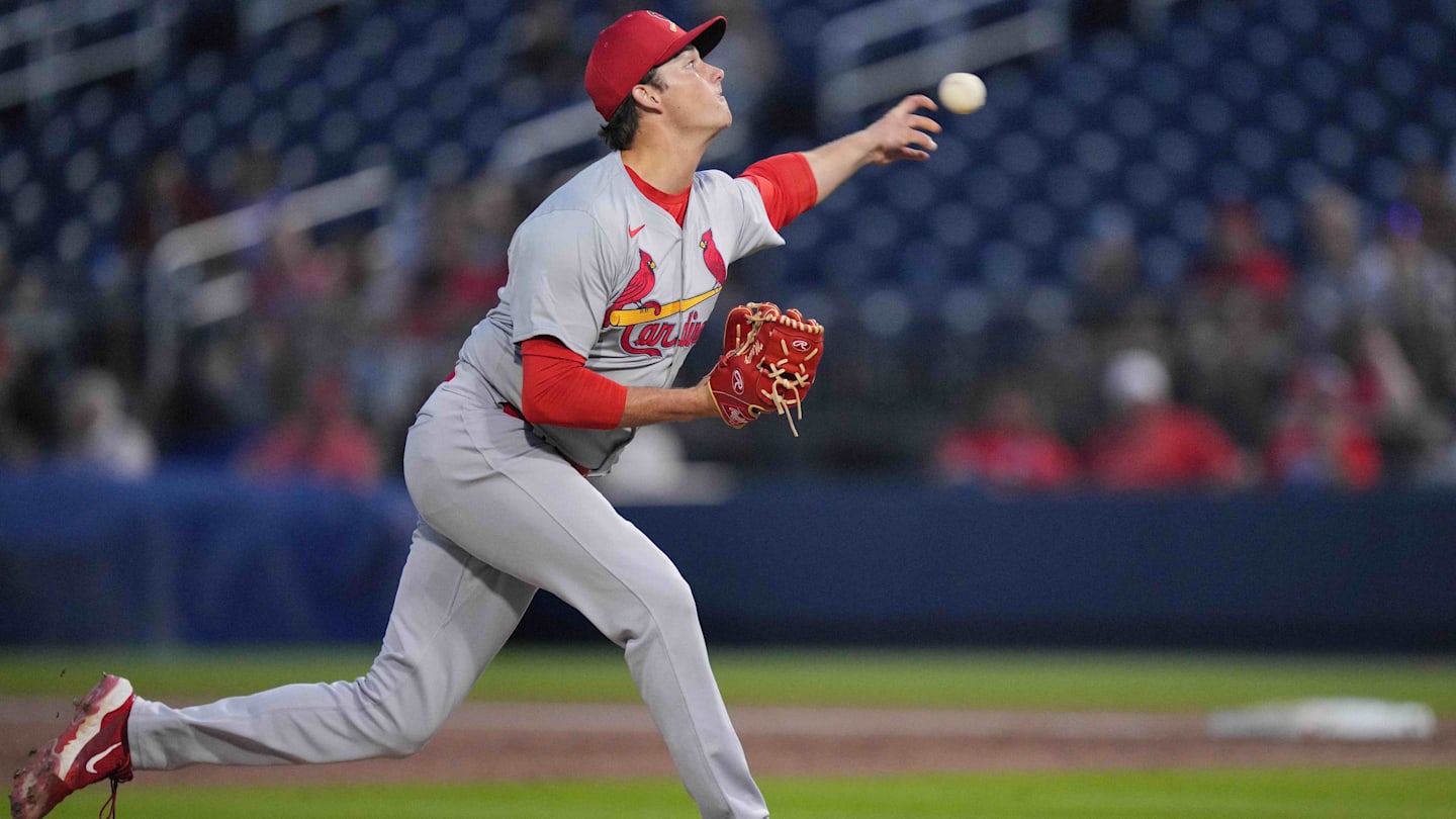 Mar 8, 2024; West Palm Beach, Florida, USA; St. Louis Cardinals pitcher Brycen Mautz (80) pitches in the first inning Washington Nationals at CACTI Park of the Palm Beaches. Mandatory Credit: Jim Rassol-Imagn Images