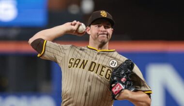 Sep 16, 2025; New York City, New York, USA; San Diego Padres starting pitcher Michael King (34) delivers a pitch during the third inning against the New York Mets at Citi Field. Mandatory Credit: Vincent Carchietta-Imagn Images