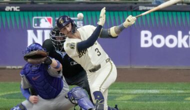 Milwaukee Brewers shortstop Joey Ortiz (3) hits a single during the sixth inning of their National League Division Series game against the Chicago Cubs Monday, October 6, 2025 at American Family Field in Milwaukee, Wisconsin.