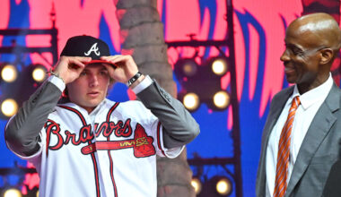 Jul 17, 2022; Los Angeles, CA, USA;  Former Atlanta Braves player Fred McGriff presents JR Ritchie right with his jersey after he was selected by the Atlanta Braves as the 35th pick of the MLB draft at XBox Plaza at LA Live. Mandatory Credit: Jayne Kamin-Oncea-Imagn Images
