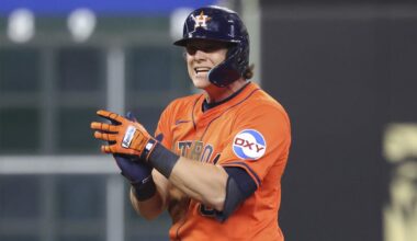 May 30, 2025; Houston, Texas, USA; Houston Astros center fielder Jake Meyers (6) reacts after hitting a double during the eighth inning against the Tampa Bay Rays at Daikin Park. Mandatory Credit: Troy Taormina-Imagn Images