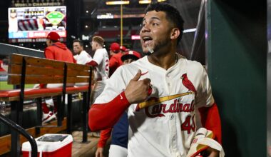Aug 25, 2025; St. Louis, Missouri, USA;  St. Louis Cardinals designated hitter Willson Contreras (40) yells from the dugout  after he was ejected by umpire Derek Thomas (not pictured) during the seventh inning against the Pittsburgh Pirates at Busch Stadium. Mandatory Credit: Jeff Curry-Imagn Images