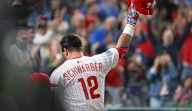 Sep 9, 2025; Philadelphia, Pennsylvania, USA; Philadelphia Phillies outfielder Kyle Schwarber (12) acknowledges the crowd after hitting his 50th home run of the season during the seventh inning against the New York Mets at Citizens Bank Park.