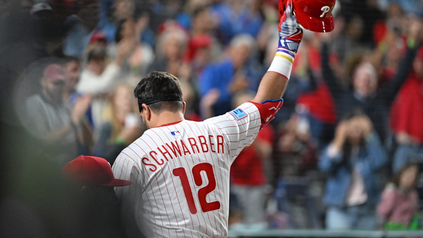 Sep 9, 2025; Philadelphia, Pennsylvania, USA; Philadelphia Phillies outfielder Kyle Schwarber (12) acknowledges the crowd after hitting his 50th home run of the season during the seventh inning against the New York Mets at Citizens Bank Park.