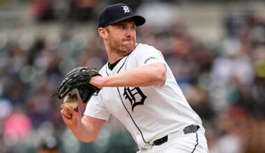 Detroit Tigers pitcher John Brebbia (49) throws against Chicago White Sox during the eighth inning at Comerica Park in Detroit on Saturday, April 5, 2025.