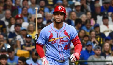 Sep 13, 2025; Milwaukee, Wisconsin, USA;  St. Louis Cardinals first baseman Willson Contreras (40) draws a walk against the Milwaukee Brewers in the third inning at American Family Field. Mandatory Credit: Benny Sieu-Imagn Images