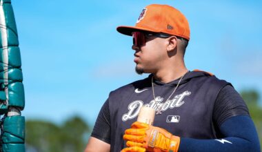 Detroit Tigers catcher Thayron Liranzo walks out of batting cage after practice during spring training at TigerTown in Lakeland, Fla. on Saturday, Feb. 15, 2025.
