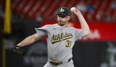 Sep 2, 2025; St. Louis, Missouri, USA;  Athletics relief pitcher Sean Newcomb (31) pitches against the St. Louis Cardinals during the eighth inning at Busch Stadium. Mandatory Credit: Jeff Curry-Imagn Images