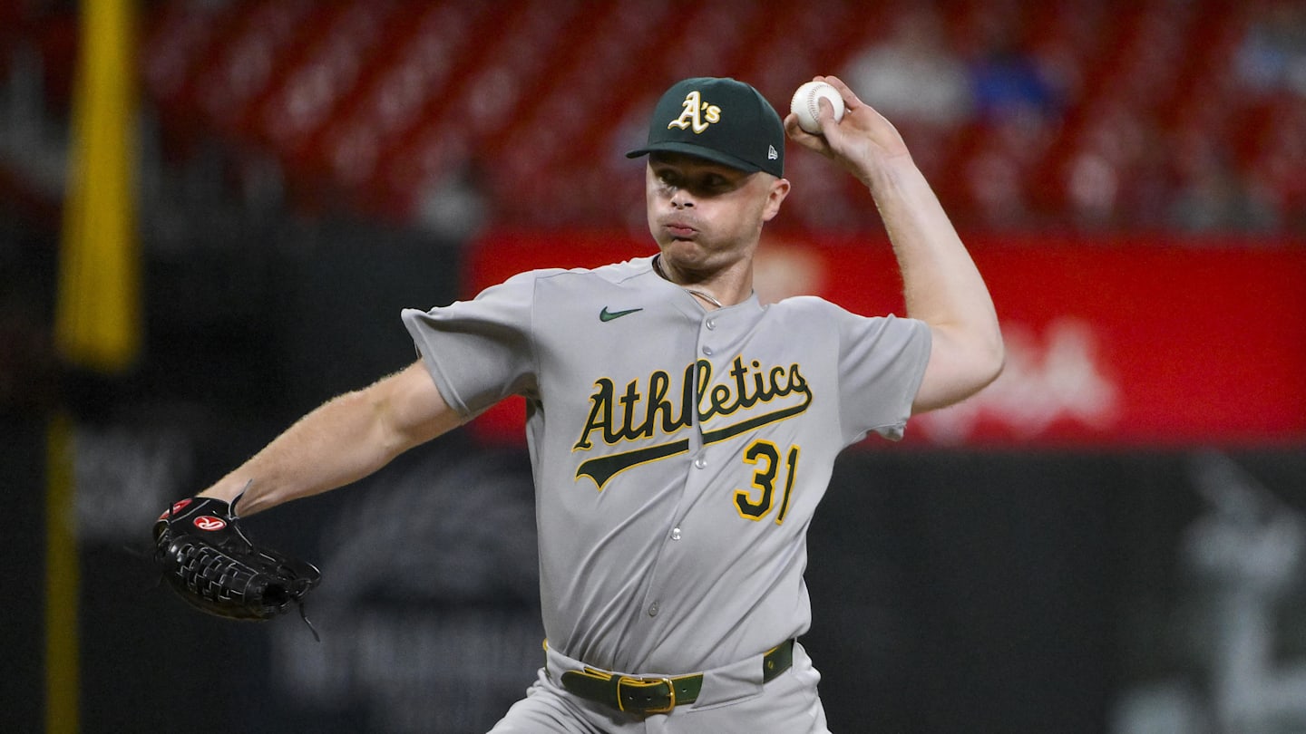 Sep 2, 2025; St. Louis, Missouri, USA;  Athletics relief pitcher Sean Newcomb (31) pitches against the St. Louis Cardinals during the eighth inning at Busch Stadium. Mandatory Credit: Jeff Curry-Imagn Images