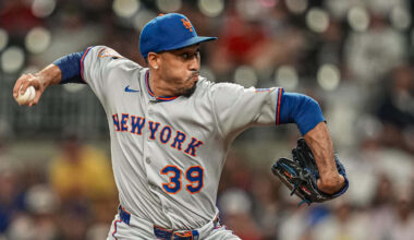 Aug 23, 2025; Cumberland, Georgia, USA; New York Mets relief pitcher Edwin Diaz (39) pitches against the Atlanta Braves during the ninth inning at Truist Park. Mandatory Credit: Dale Zanine-Imagn Images