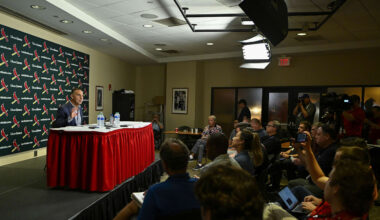 Aug 1, 2023; St. Louis, Missouri, USA;  St. Louis Cardinals president of baseball operations John Mozeliak talks with the media after the Cardinals traded shortstop Paul DeJong (11) and starting pitcher Jack Flaherty (22) before a game against the Minnesota Twins at Busch Stadium. Mandatory Credit: Jeff Curry-Imagn Images