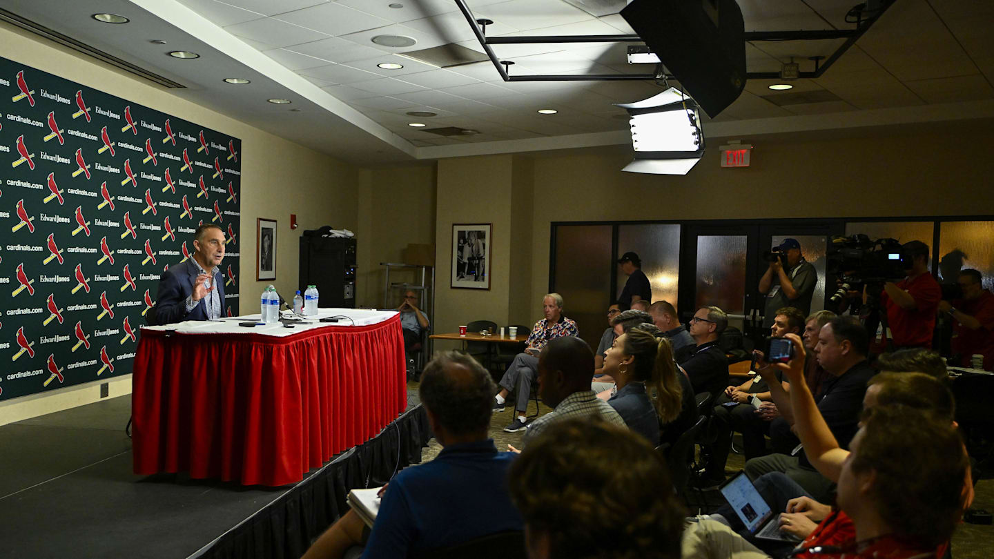 Aug 1, 2023; St. Louis, Missouri, USA;  St. Louis Cardinals president of baseball operations John Mozeliak talks with the media after the Cardinals traded shortstop Paul DeJong (11) and starting pitcher Jack Flaherty (22) before a game against the Minnesota Twins at Busch Stadium. Mandatory Credit: Jeff Curry-Imagn Images