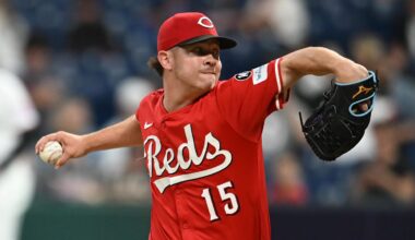 Jun 9, 2025; Cleveland, Ohio, USA; Cincinnati Reds relief pitcher Emilio Pagan (15) throws a pitch during the ninth inning against the Cleveland Guardians at Progressive Field.