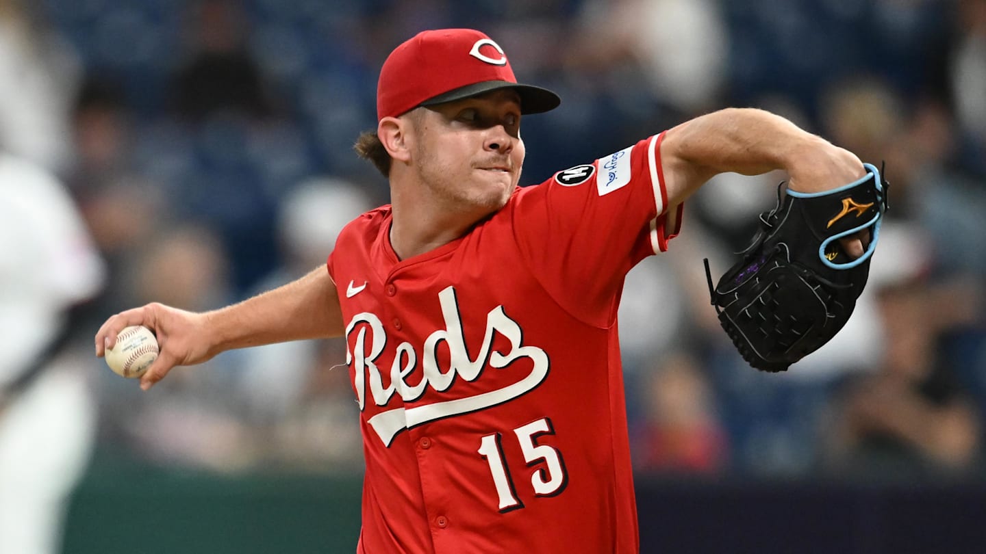 Jun 9, 2025; Cleveland, Ohio, USA; Cincinnati Reds relief pitcher Emilio Pagan (15) throws a pitch during the ninth inning against the Cleveland Guardians at Progressive Field.