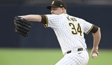 Sep 27, 2025; San Diego, California, USA; San Diego Padres starting pitcher Michael King (34) delivers during the first inning against the Arizona Diamondbacks at Petco Park. Mandatory Credit: Denis Poroy-Imagn Images