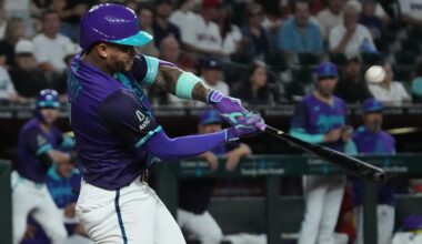 Sep 5, 2025; Phoenix, Arizona, USA; Arizona Diamondbacks second base Ketel Marte (4) hits against the Boston Red Sox in the first inning at Chase Field.