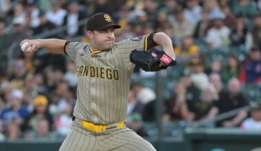Apr 7, 2025; West Sacramento, California, USA; San Diego Padres pitcher Michael King (34) throws a pitch against the Athletics during the first inning at Sutter Health Park. Mandatory Credit: Ed Szczepanski-Imagn Images