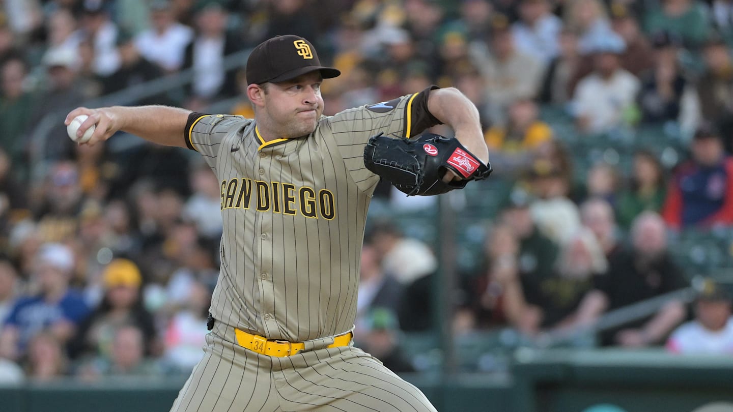 Apr 7, 2025; West Sacramento, California, USA; San Diego Padres pitcher Michael King (34) throws a pitch against the Athletics during the first inning at Sutter Health Park. Mandatory Credit: Ed Szczepanski-Imagn Images
