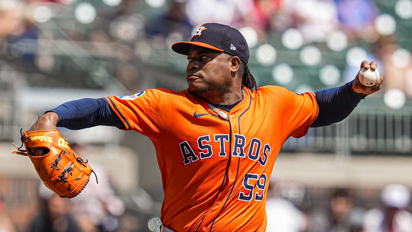 Sep 14, 2025; Cumberland, Georgia, USA; Houston Astros starting pitcher Framber Valdez (59) pitches against the Atlanta Braves during the second inning at Truist Park. Mandatory Credit: Dale Zanine-Imagn Images