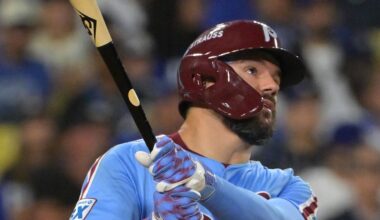 Oct 8, 2025; Los Angeles, California, USA; Philadelphia Phillies designated hitter Kyle Schwarber (12) watches the flight of the ball a solo home run during the fourth inning against the Los Angeles Dodgers in game three of the NLDS during the 2025 MLB playoffs at Dodger Stadium. Mandatory Credit: Jayne Kamin-Oncea-Imagn Images