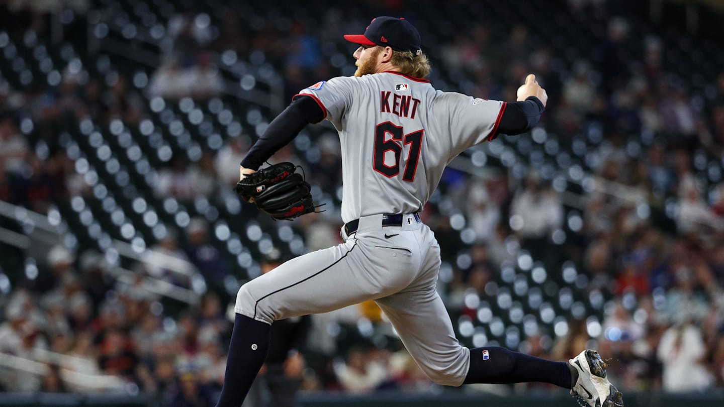 Sep 20, 2025; Minneapolis, Minnesota, USA; Cleveland Guardians pitcher Zak Kent (61) delivers a pitcher against the Minnesota Twins during the ninth inning of game two of a double header at Target Field. Mandatory Credit: Matt Krohn-Imagn Images