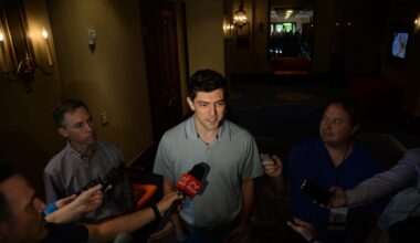 Nov 12, 2019; Scottsdale, AZ, USA; Boston Red Sox general manager Chaim Bloom speaks during media availability at the Omni Scottsdale Resort & Spa at Montelucia. Mandatory Credit: Joe Camporeale-Imagn Images
