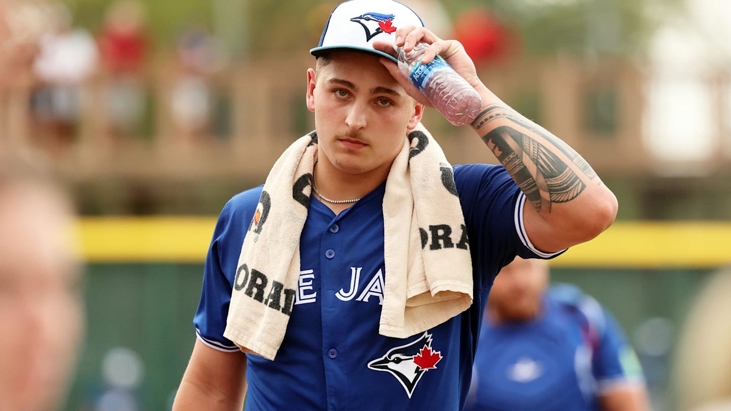 Mar 21, 2024; Bradenton, Florida, USA; Toronto Blue Jays pitcher Ricky Tiedemann (70) walks to the dugout before the game against the Pittsburgh Pirates at LECOM Park. Mandatory Credit: Kim Klement Neitzel-Imagn Images