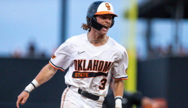 Oklahoma State utility Carson Benge (3) runs to third base during a game in the NCAA Stillwater Regional between the Oklahoma State Cowboys (OSU) and the Oral Roberts Golden Eagles at O'Brate Stadium in Stillwater, Okla., on Friday, June 2, 2023.