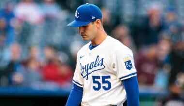 Apr 8, 2025; Kansas City, Missouri, USA; Kansas City Royals pitcher Cole Ragans (55) leaves the field after the second inning against the Minnesota Twins at Kauffman Stadium. Mandatory Credit: William Purnell-Imagn Images