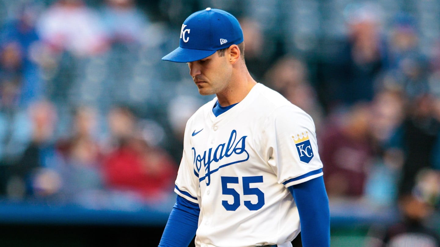 Apr 8, 2025; Kansas City, Missouri, USA; Kansas City Royals pitcher Cole Ragans (55) leaves the field after the second inning against the Minnesota Twins at Kauffman Stadium. Mandatory Credit: William Purnell-Imagn Images