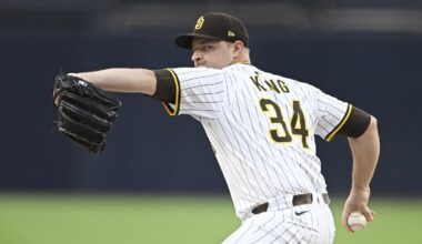 Sep 27, 2025; San Diego, California, USA; San Diego Padres starting pitcher Michael King (34) delivers during the first inning against the Arizona Diamondbacks at Petco Park. Mandatory Credit: Denis Poroy-Imagn Images