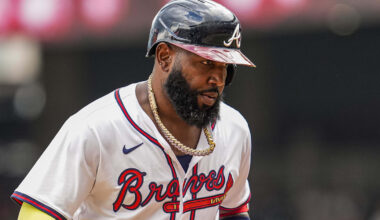 Sep 24, 2025; Cumberland, Georgia, USA; Atlanta Braves designated hitter Marcell Ozuna (20) reacts after hitting a home run against the Washington Nationals during the eighth inning at Truist Park.