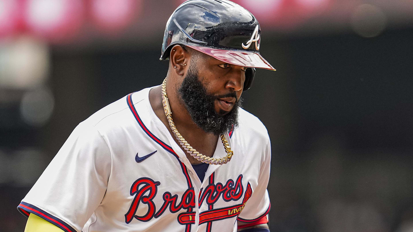 Sep 24, 2025; Cumberland, Georgia, USA; Atlanta Braves designated hitter Marcell Ozuna (20) reacts after hitting a home run against the Washington Nationals during the eighth inning at Truist Park.
