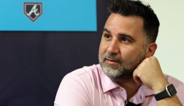 Feb 15, 2024; Tampa, FL, USA; Atlanta Braves general manager and president of baseball operations Alex Anthopoulos talks with media at George M. Steinbrenner Field.